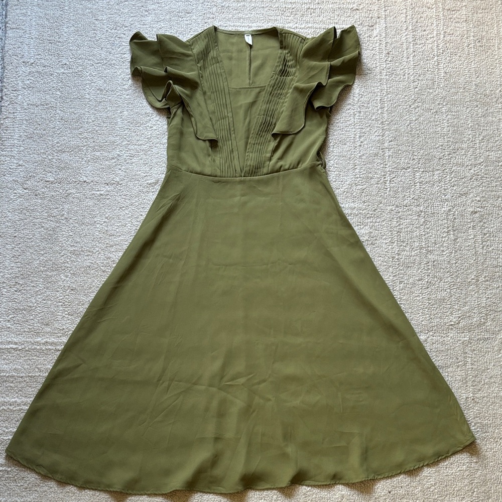 beek Olive Green Flutter-Sleeve Midi Dress